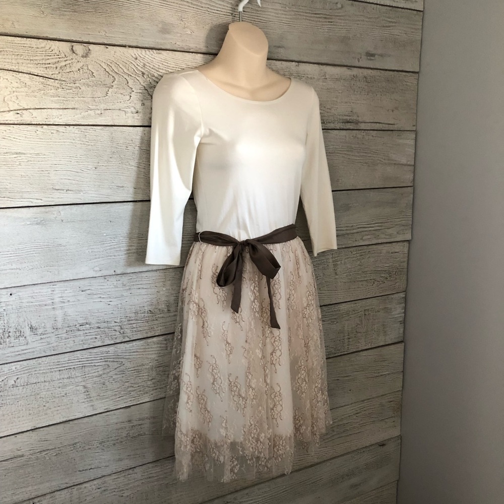 Only Hearts Cream Scoop Neck Lace Skirt Dress with Sash Size Small